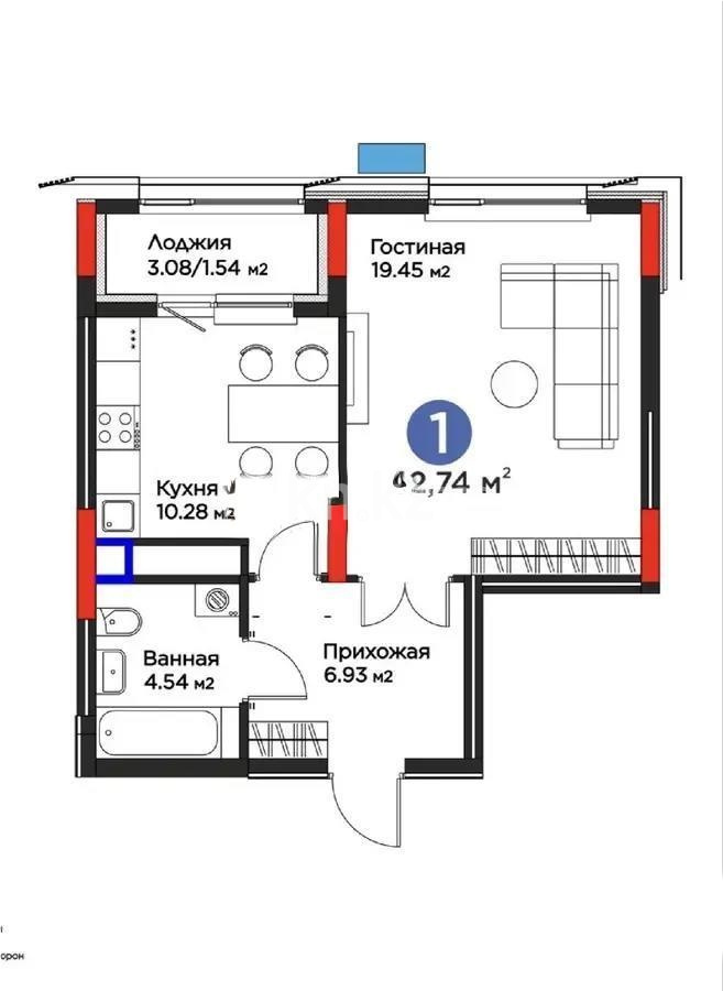 Продажа 1-комнатной квартиры, 42.74 м² в Астане