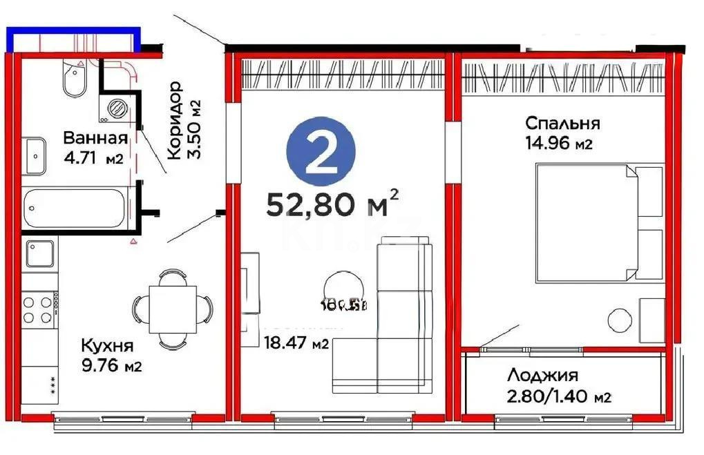Продажа 2-комнатной квартиры, 52.8 м², пр. Улы Дала, дом  14 в Астане