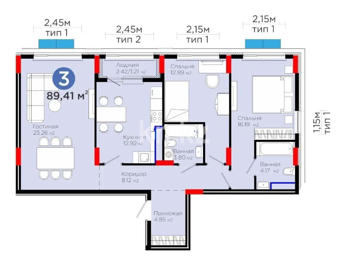 Продажа 3-комнатной квартиры, 89.5 м², ул. Е-900, дом  8 в Астане - фото 3
