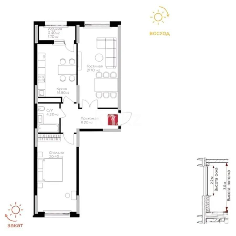 Продажа 2-комнатной квартиры, 70.4 м², ул. Е-36, дом  5 в Астане
