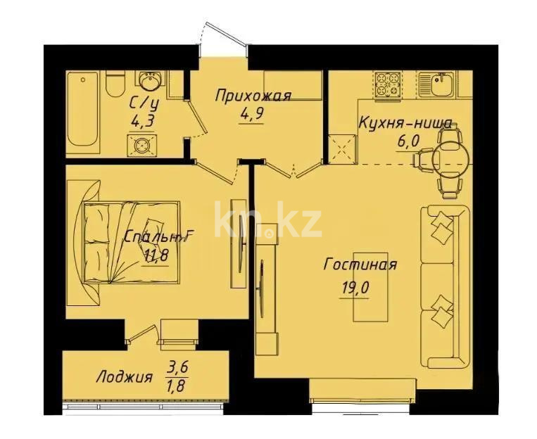 Продажа 2-комнатной квартиры, 48 м² в Астане