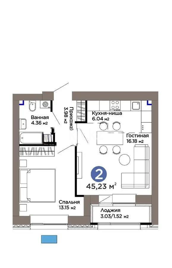 Продажа 2-комнатной квартиры, 45.23 м² в Астане