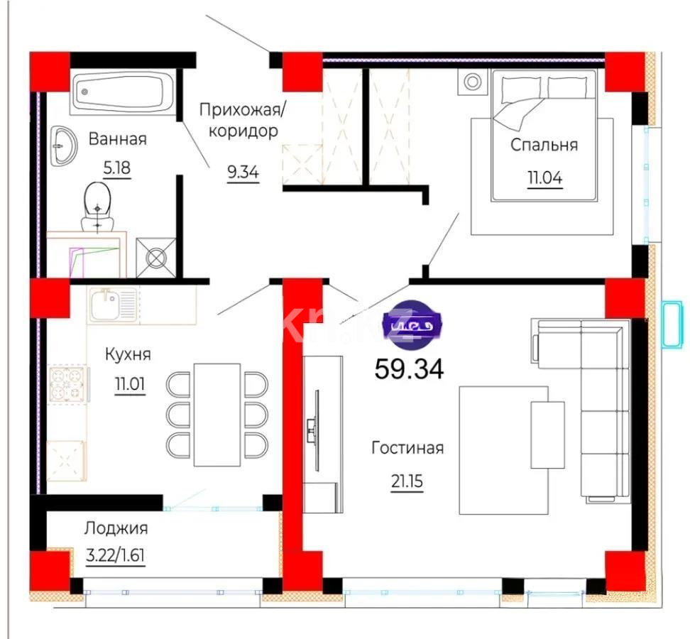 Продажа 2-комнатной квартиры, 59.34 м², ул. Е-882, дом  7 в Астане
