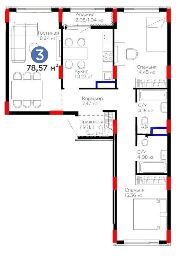 Продажа 3-комнатной квартиры, 78.57 м² в Астане
