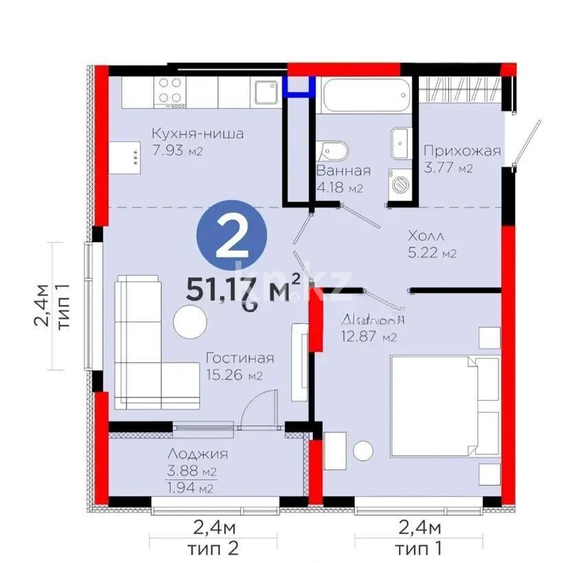 Продажа 2-комнатной квартиры, 51.17 м² в Астане
