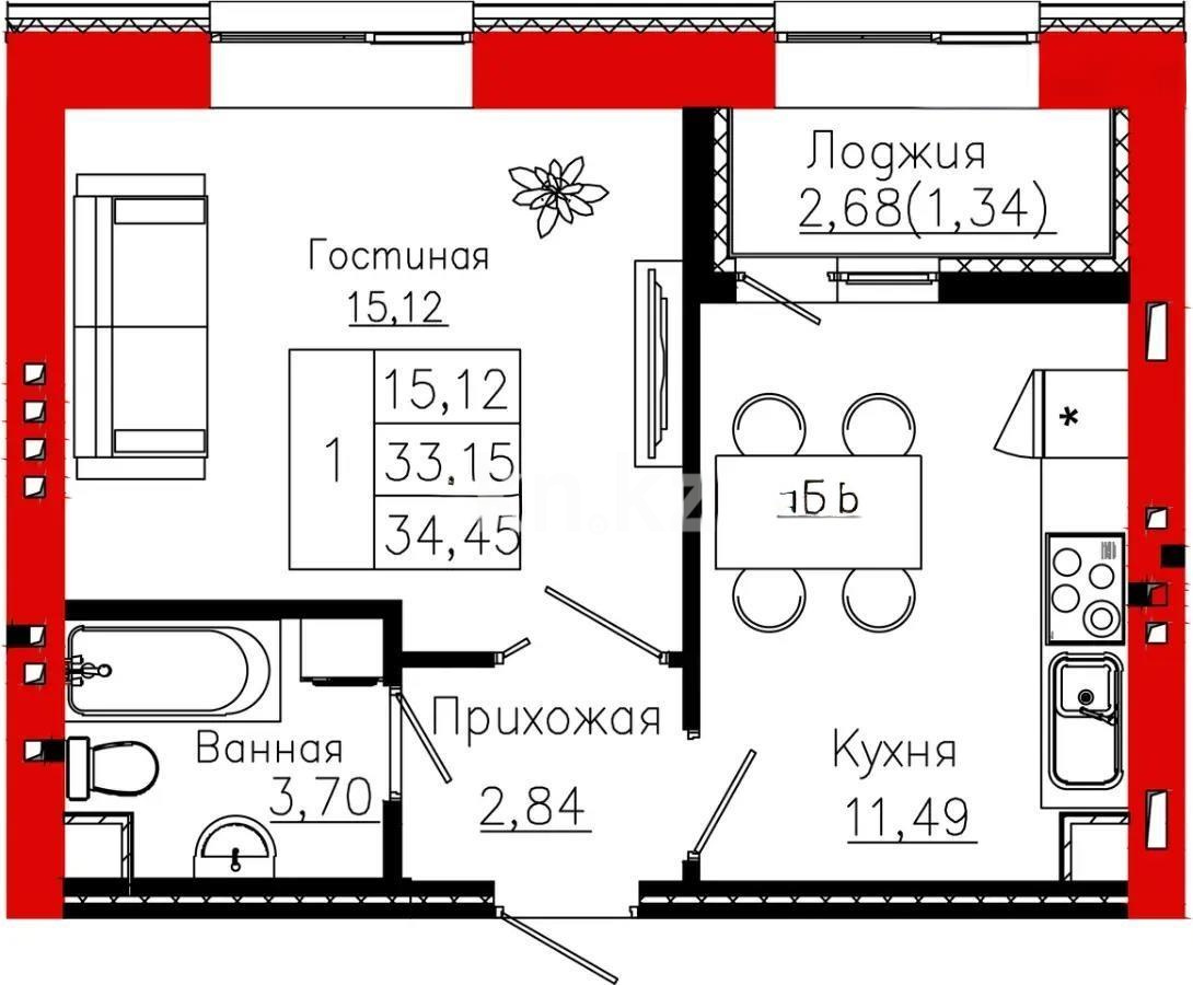 Продажа 1-комнатной квартиры, 34.45 м² в Астане