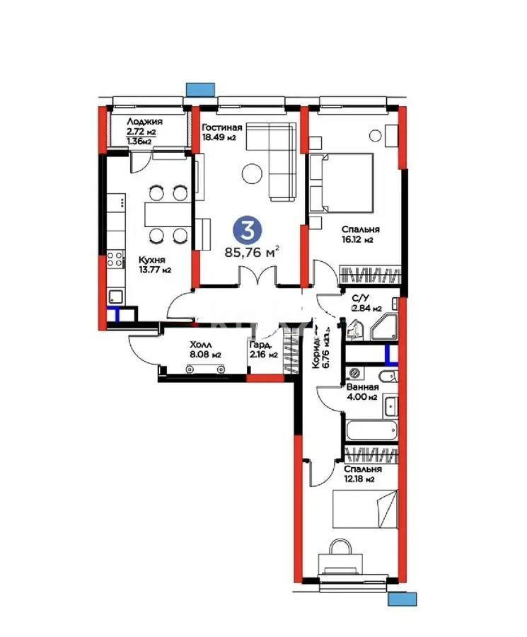 Продажа 3-комнатной квартиры, 85.76 м², пр. Туран, дом  57/1 в Астане