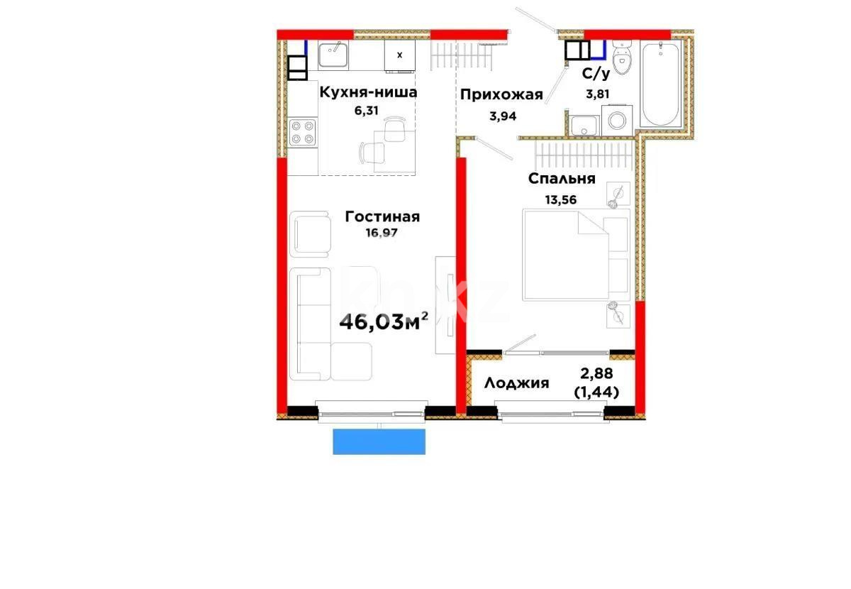 Продажа 2-комнатной квартиры, 46.03 м² в Алматы