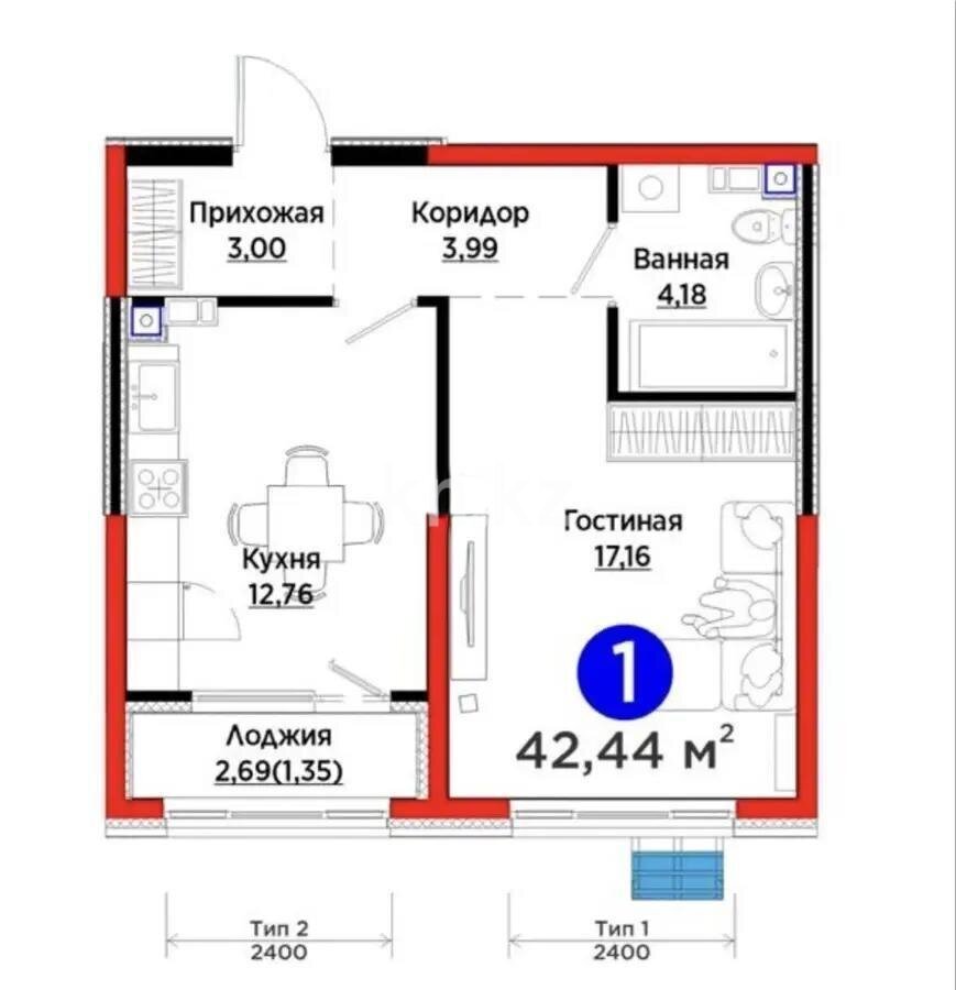 Продажа 1-комнатной квартиры, 42 м² в Алматы