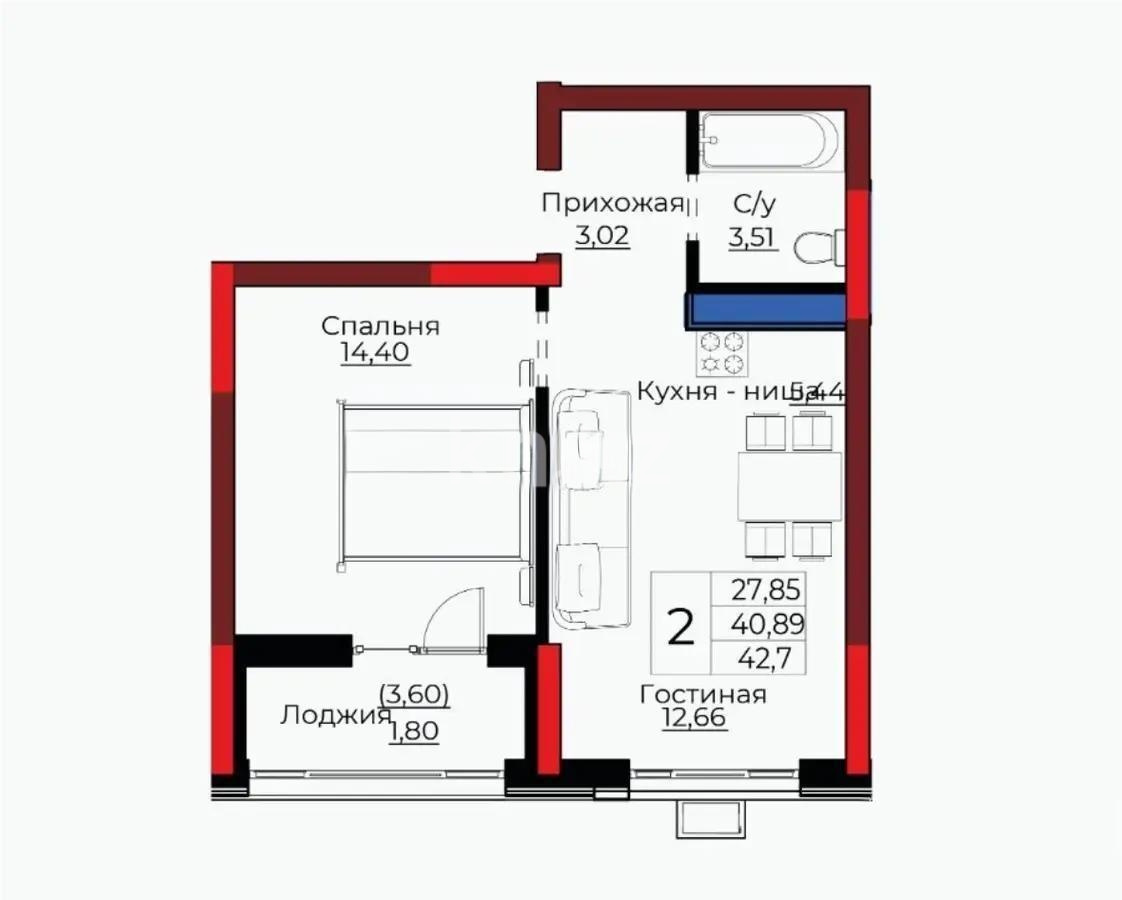 Продажа 1-комнатной квартиры, 42.7 м² в Астане
