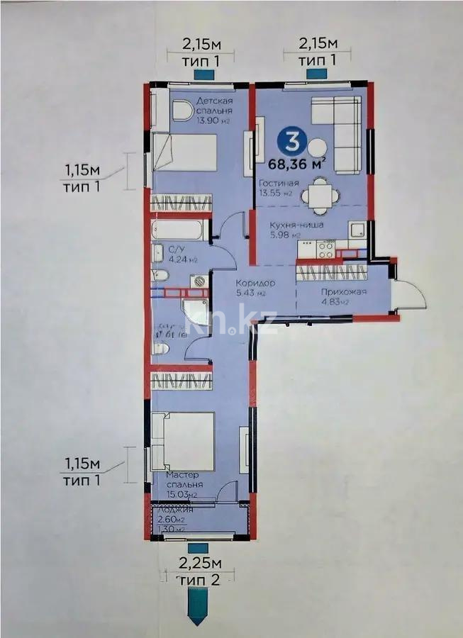 Продажа 3-комнатной квартиры, 68.36 м², пр. Райымбека, дом  219/2 в Алматы