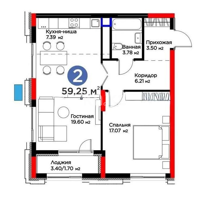 Продажа 2-комнатной квартиры, 59.3 м² в Астане