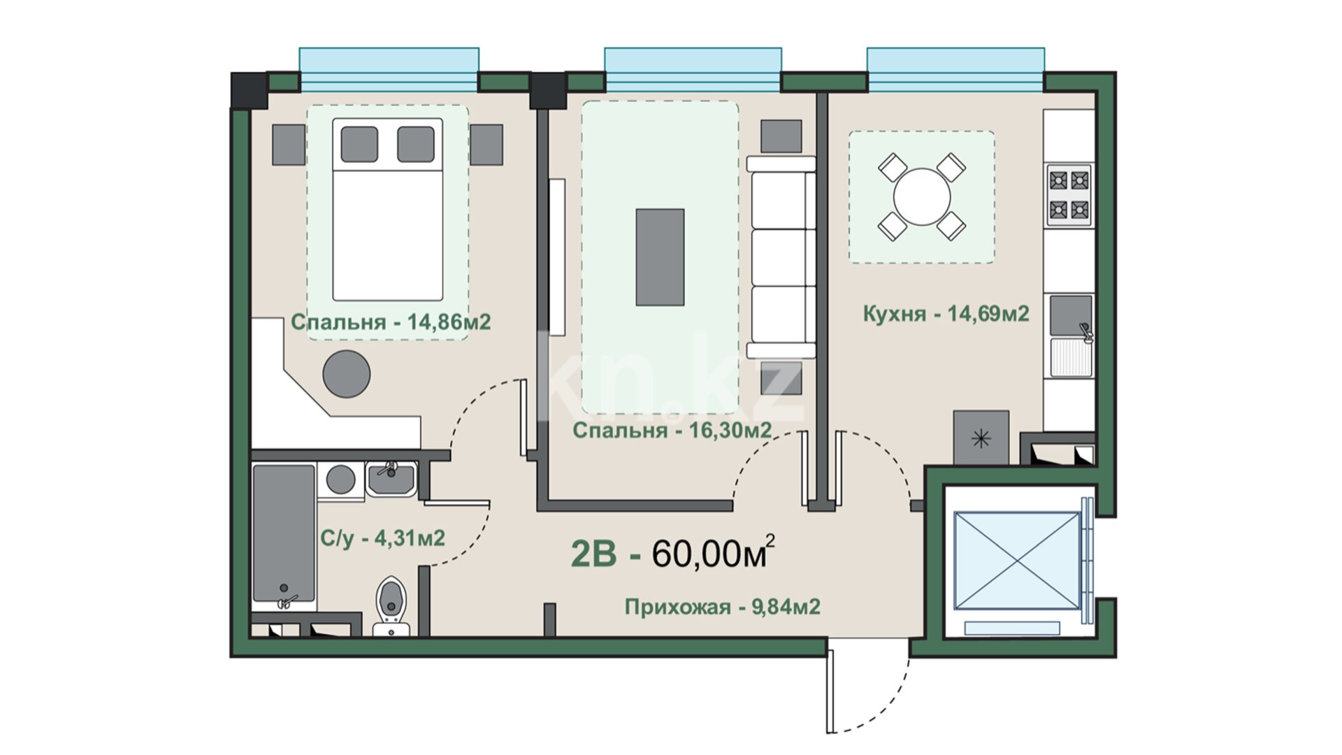 ЖК Атмосфера, 2-комнатная, цена 32 263 920 ₸, 537 732 ₸&nbsp;/&nbsp;м²