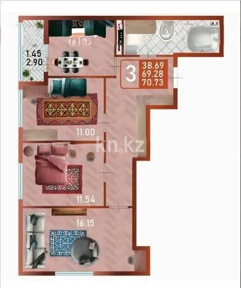 Продажа 3-комнатной квартиры, 70.73 м² в Астане