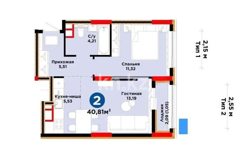 Продажа 2-комнатной квартиры, 41 м² в Астане