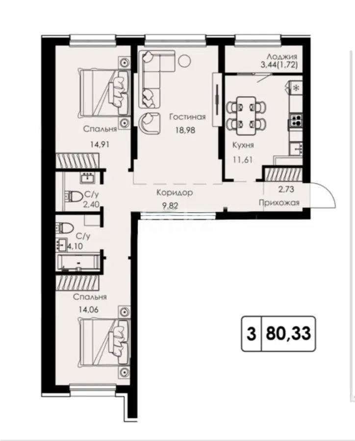 Продажа 3-комнатной квартиры, 80.33 м² в Алматы