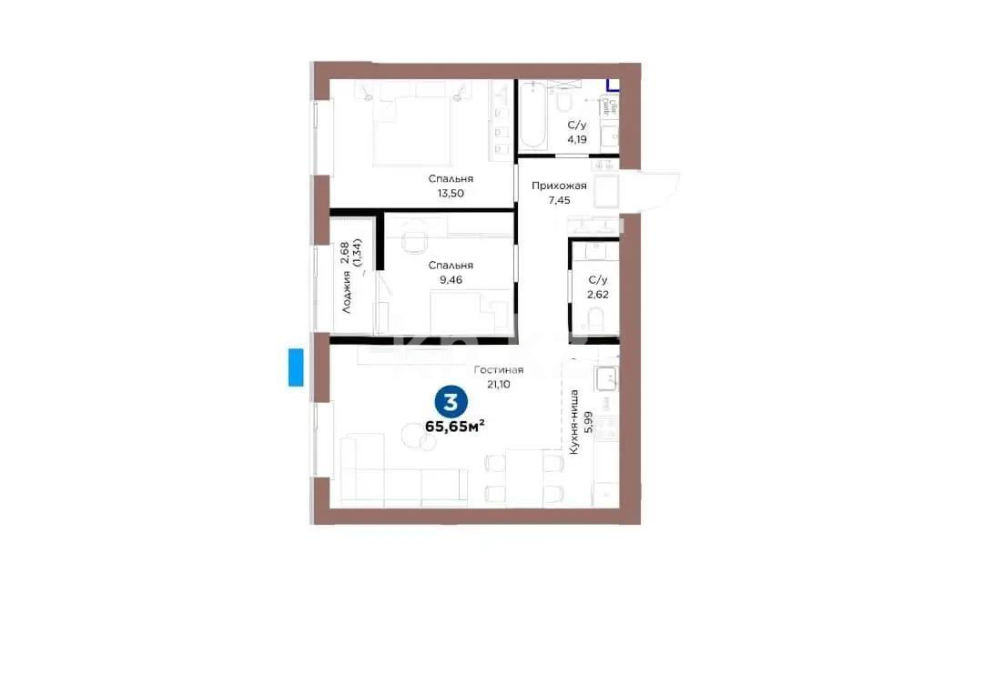 Продажа 3-комнатной квартиры, 65.65 м², ул. Чокина, дом  4 в Астане