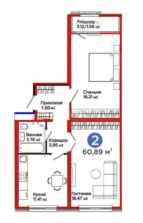 Продажа 2-комнатной квартиры, 60.89 м², ул. Толе би, дом  24 в Астане - фото 2