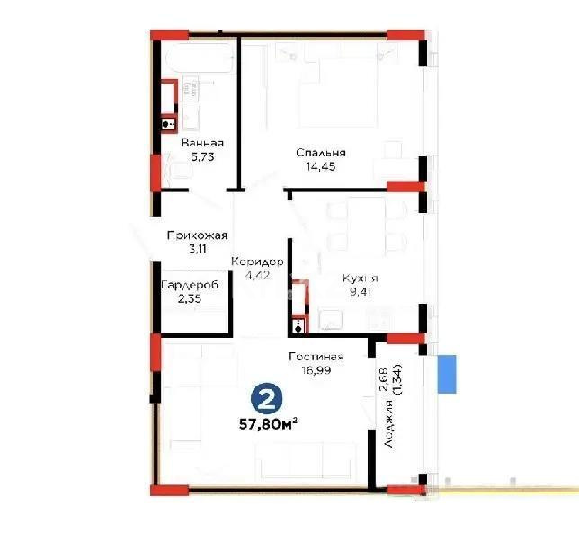 Продажа 2-комнатной квартиры, 57.8 м² в Астане