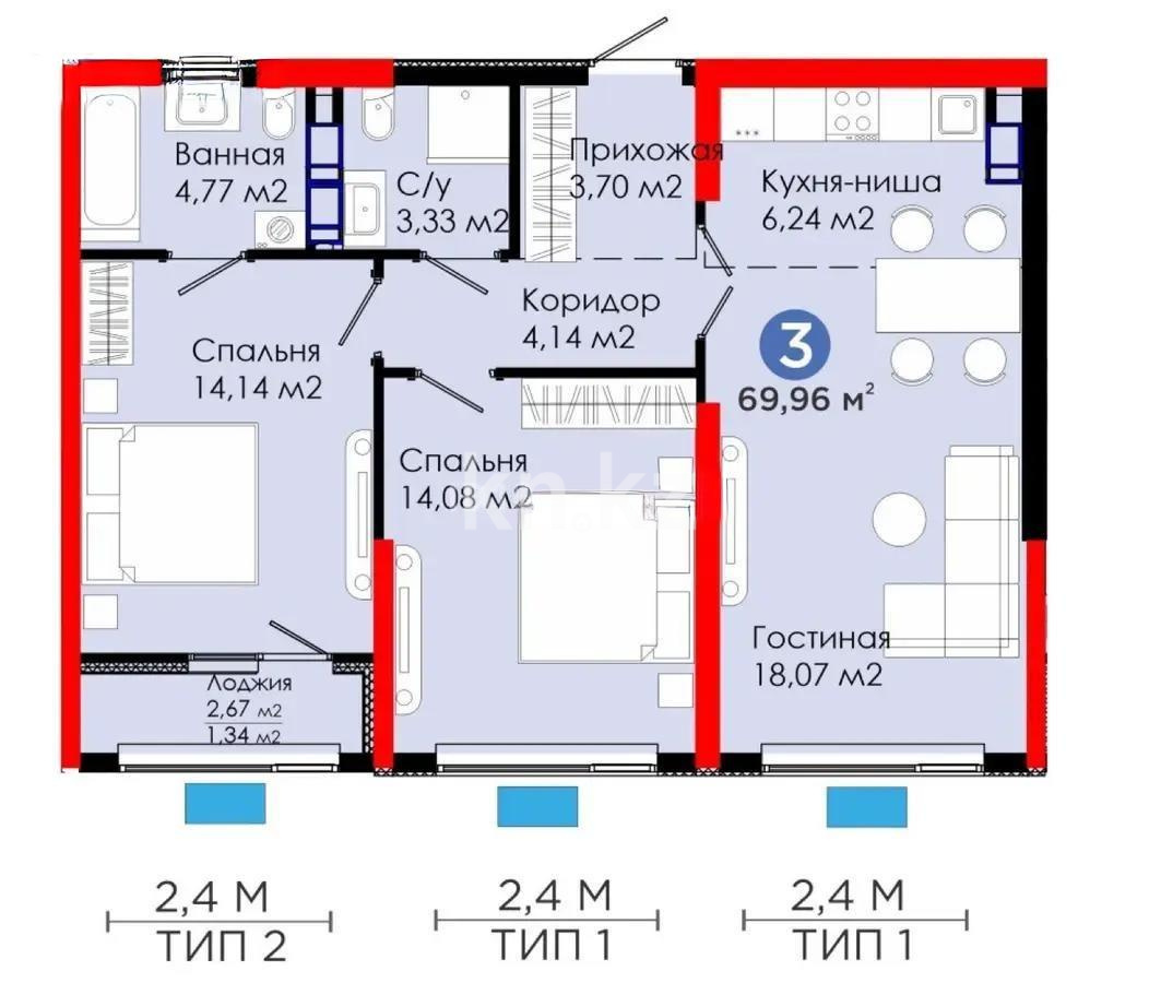 Продажа 3-комнатной квартиры, 69.96 м², ул. Белжайлау, дом  47а в Алматы