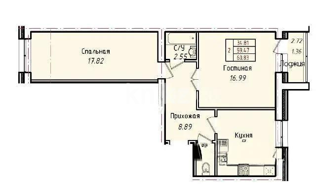 Продажа 2-комнатной квартиры, 60.83 м², ул. Кургальжинское шоссе, дом  108 стр в Астане
