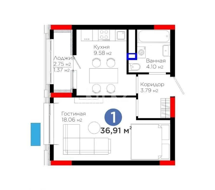Продажа 1-комнатной квартиры, 36.91 м² в Астане