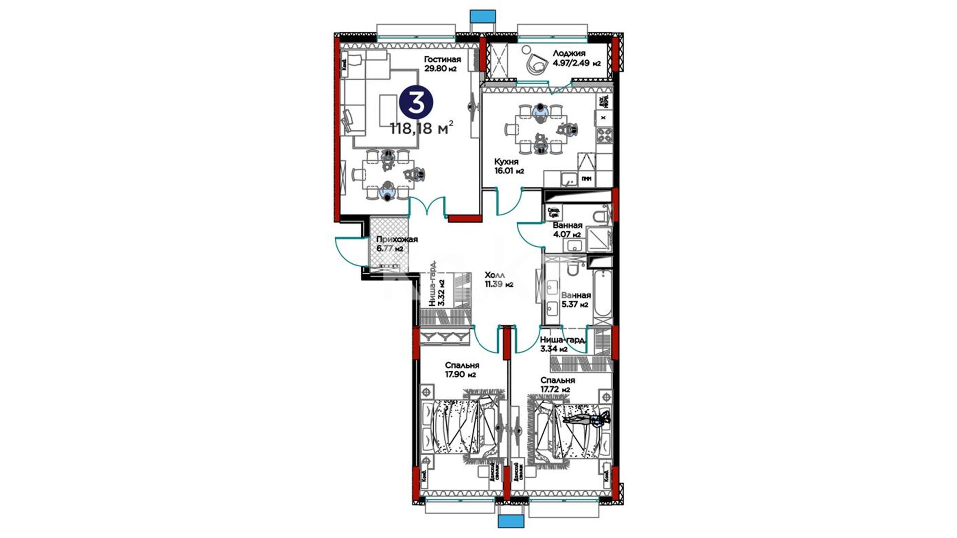 ЖК GreenLine.Tiara, 3-комнатная, цена 130 943 440 ₸, 1 108 000 ₸&nbsp;/&nbsp;м²
