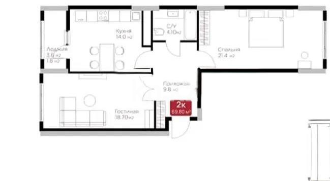 Продажа 2-комнатной квартиры, 70 м² в Астане