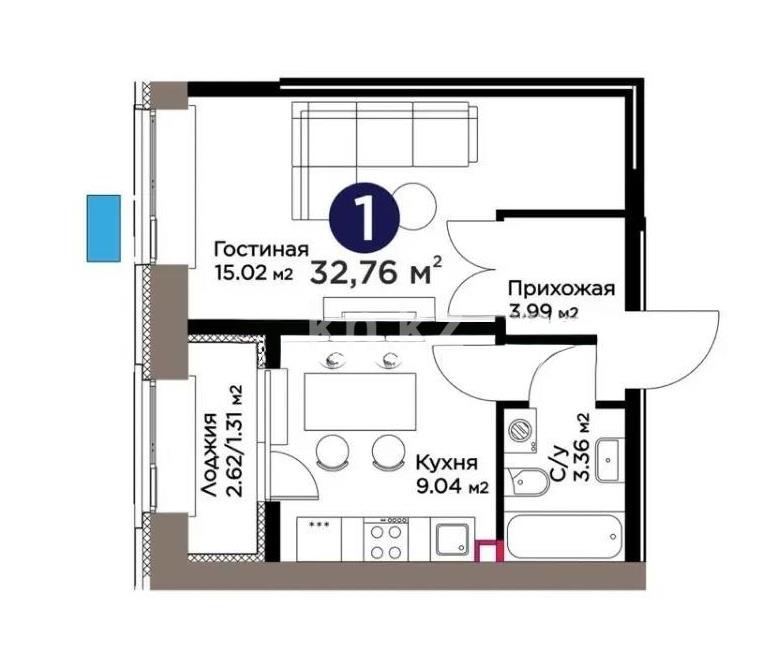 Продажа 1-комнатной квартиры, 32.76 м² в Астане
