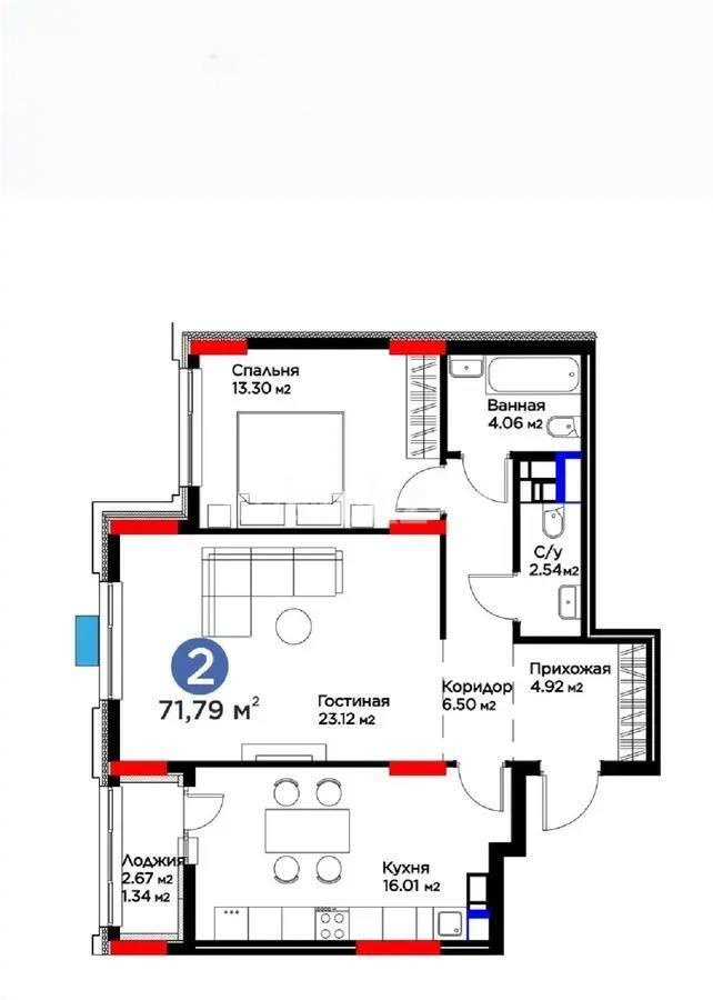 Продажа 2-комнатной квартиры, 71.79 м², ул. Рыскулова, дом  9 стр в Астане