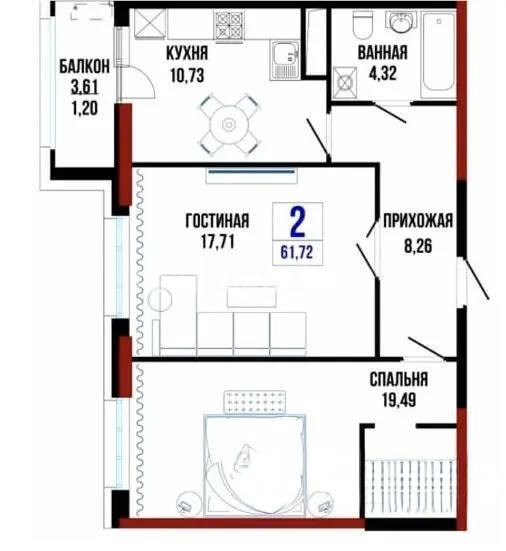 Продажа 2-комнатной квартиры, 61.72 м², ул. Нажимеденова, дом  21/1 в Астане - фото 4