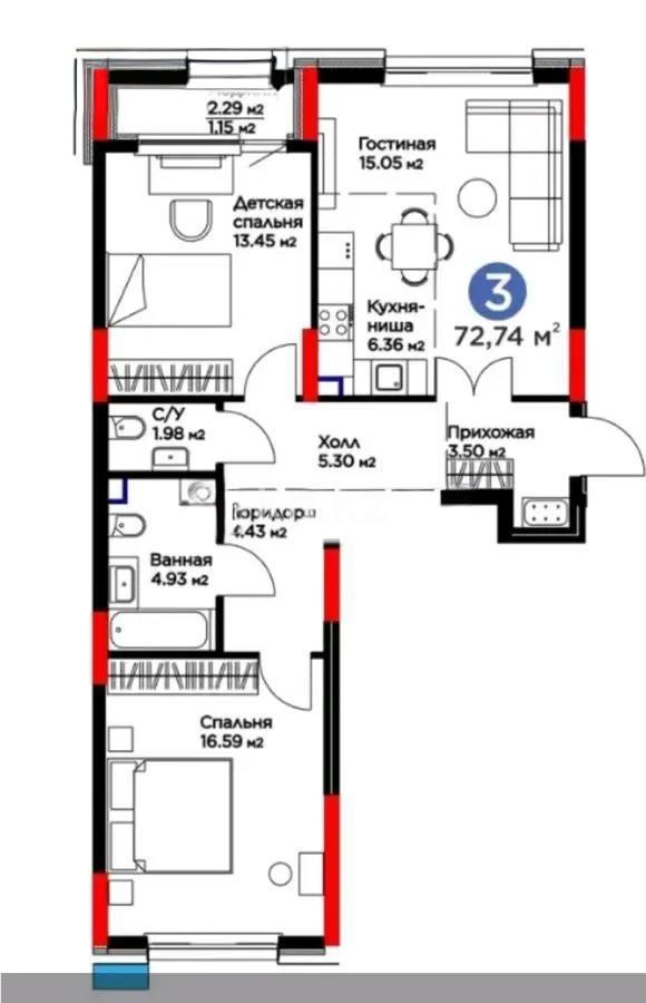 Продажа 3-комнатной квартиры, 72.74 м² в Астане