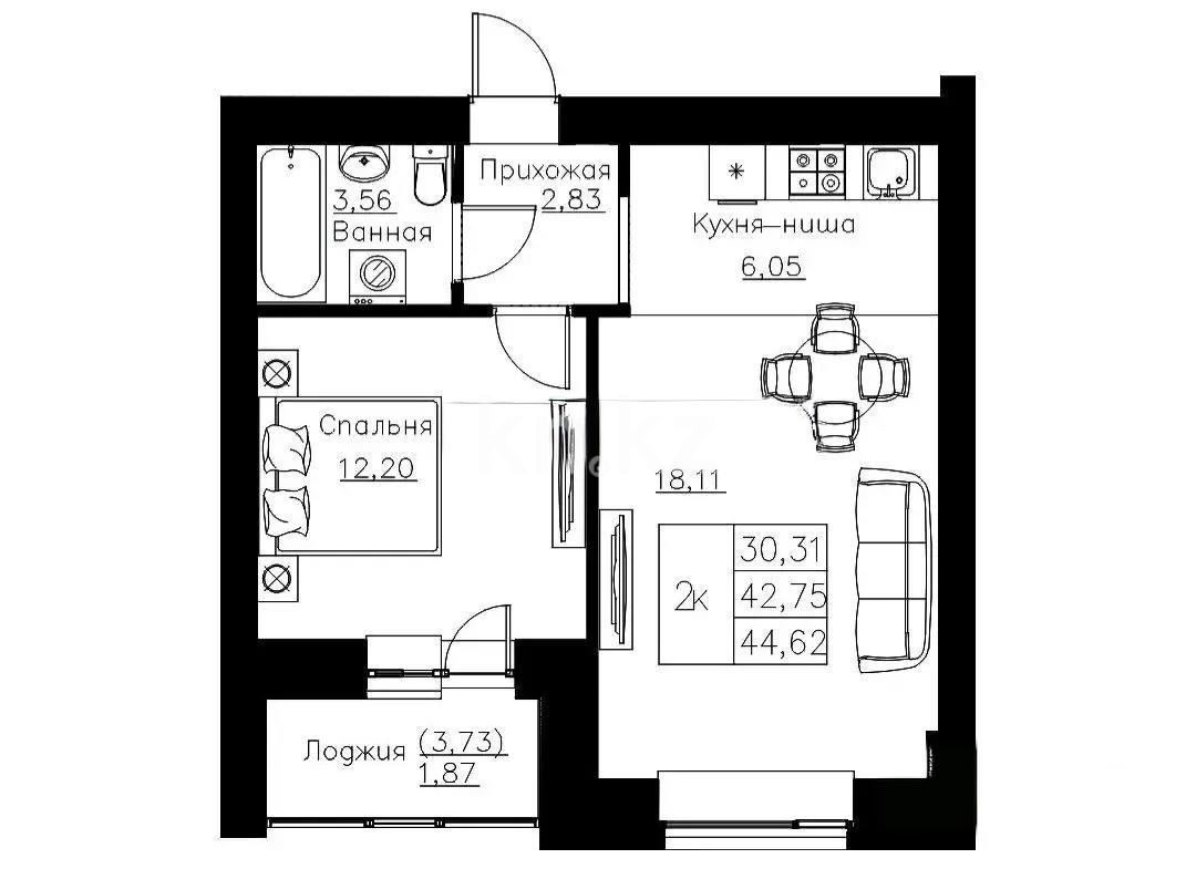 Продажа 2-комнатной квартиры, 45 м², ул. Нажимеденова, дом  52б в Астане