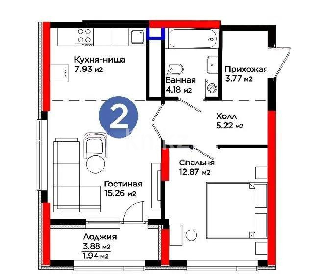 Продажа 2-комнатной квартиры, 51.17 м² в Астане