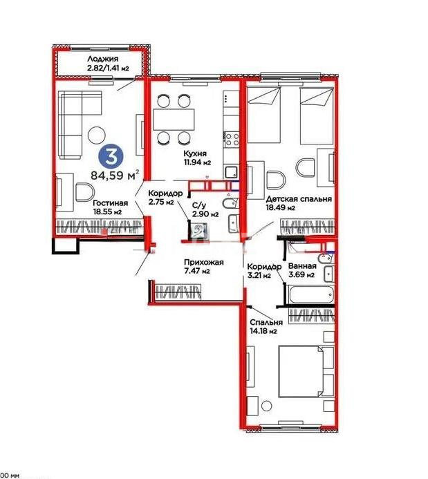 Продажа 3-комнатной квартиры, 84.59 м² в Астане