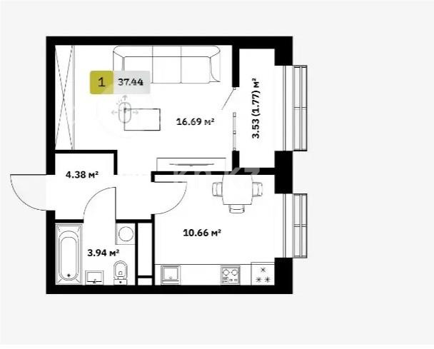 Продажа 1-комнатной квартиры, 37.44 м², ул. Туркестан, дом  115 в Алматы