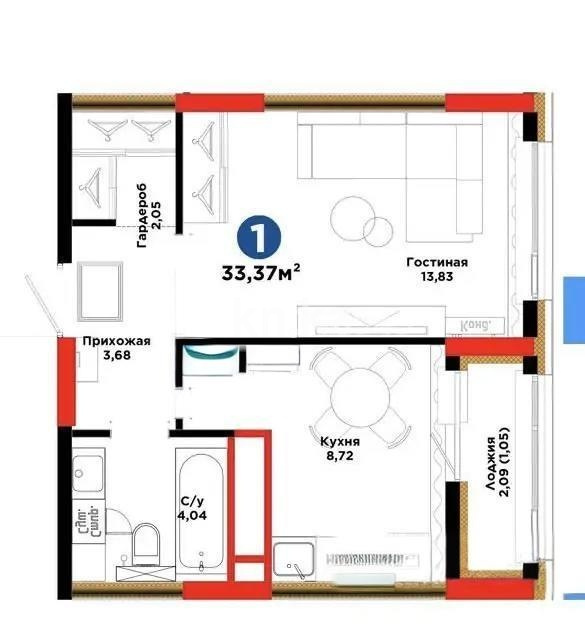 Продажа 1-комнатной квартиры, 33.37 м² в Астане