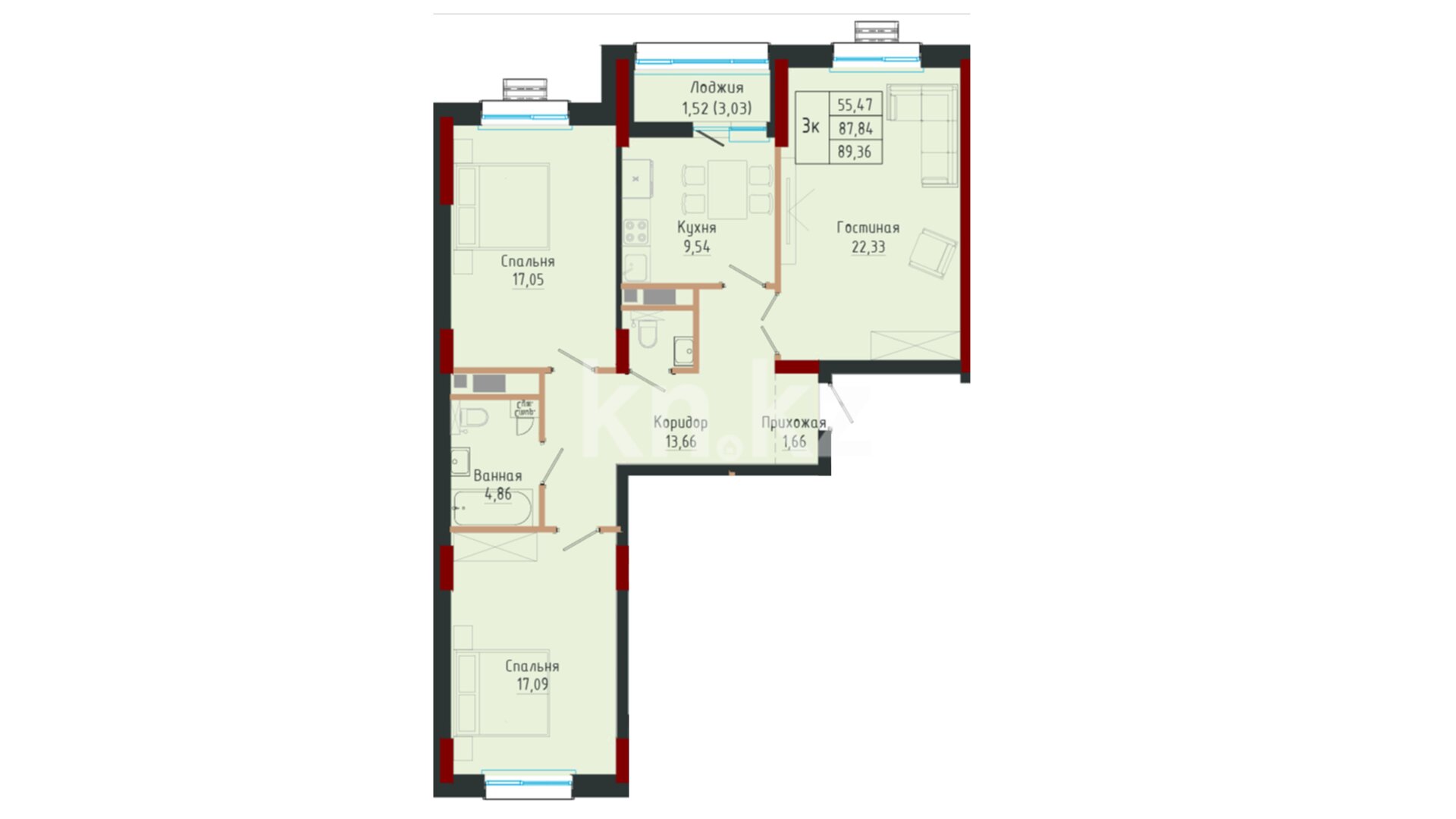 ЖК Ulagat, 3-комнатная, цена 34 108 712 ₸, 381 700 ₸&nbsp;/&nbsp;м²