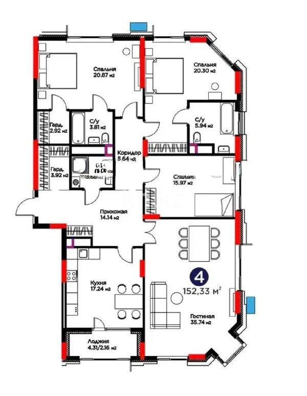 Продажа 4-комнатной квартиры, 152.33 м² в Астане