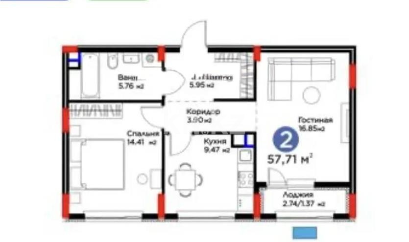 Продажа 2-комнатной квартиры, 57.7 м² в Астане