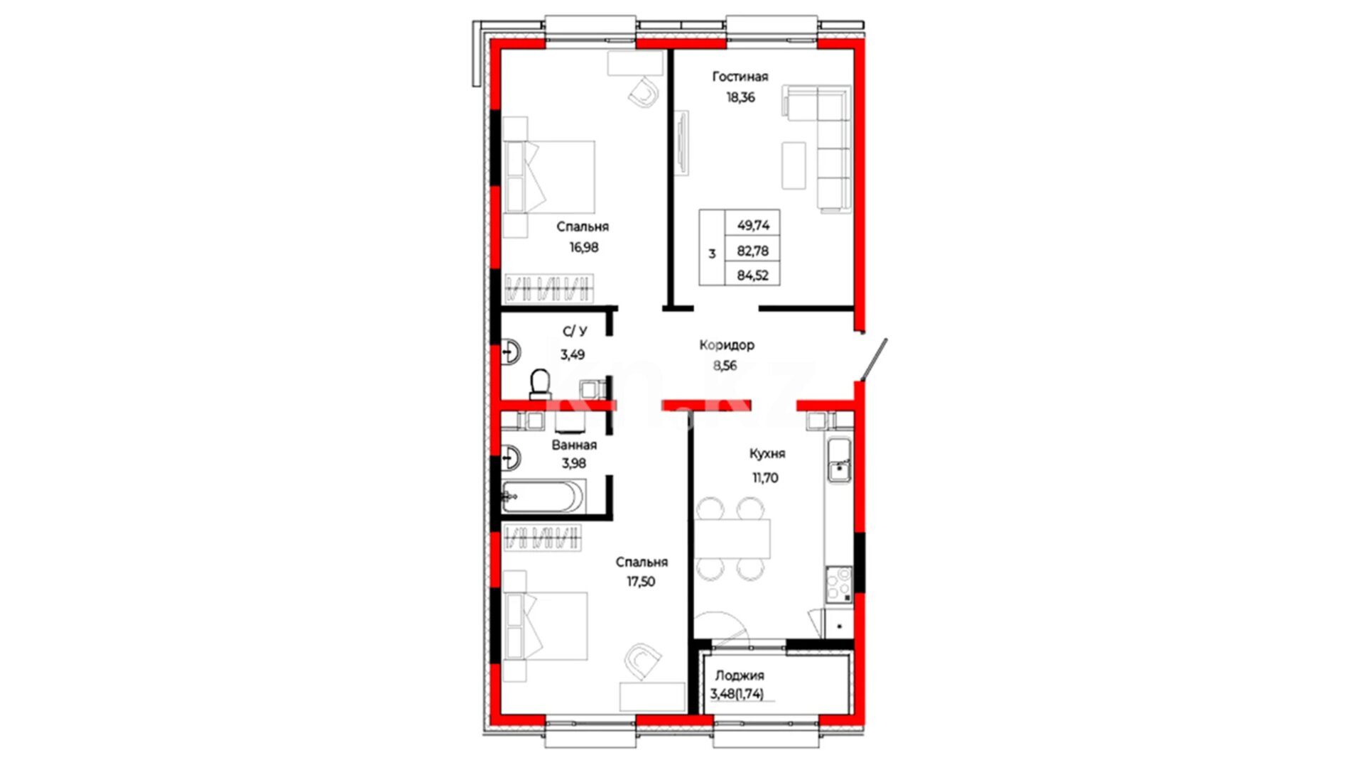 ЖК Baisa, 3-комнатная, цена 41 837 400 ₸, 495 000 ₸&nbsp;/&nbsp;м²