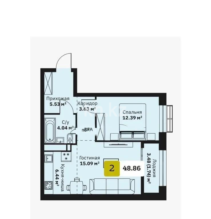 Продажа 2-комнатной квартиры, 48.86 м² в Алматы