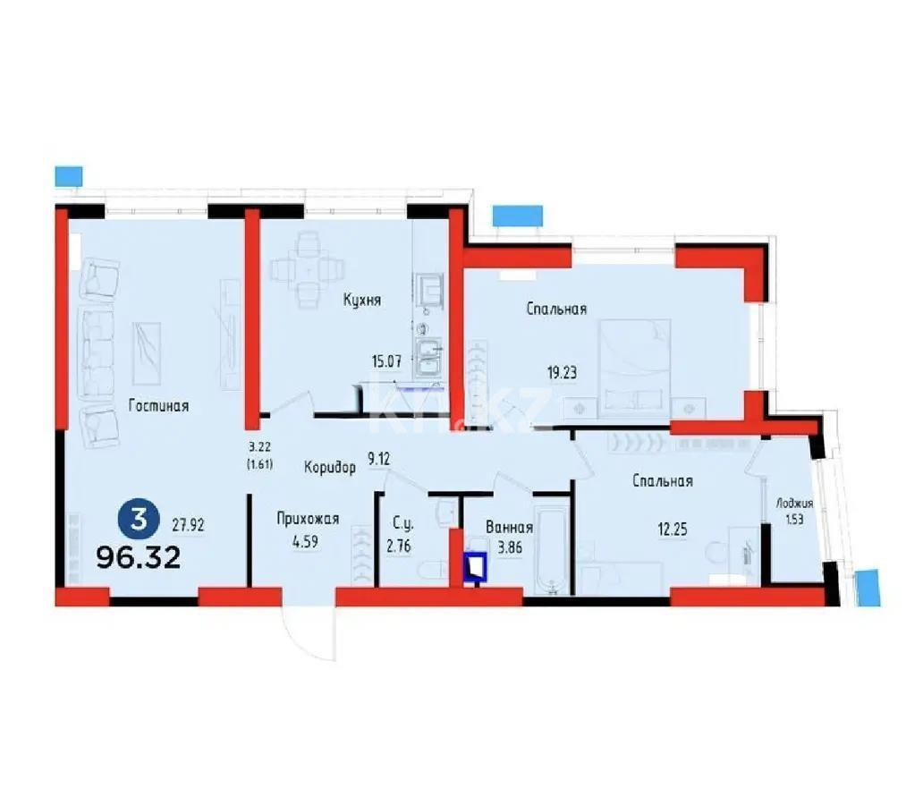 Продажа 3-комнатной квартиры, 96.32 м² в Алматы - фото 2