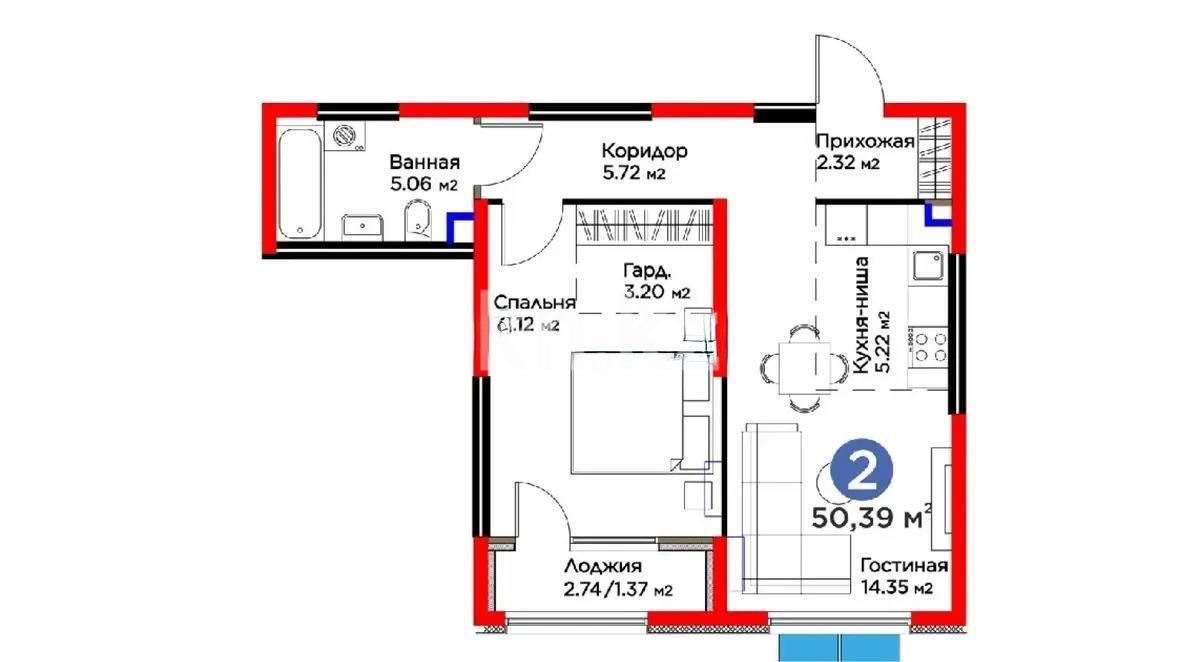 Продажа 2-комнатной квартиры, 50.39 м², ул. Момышулы, дом  11/14а в Алматы
