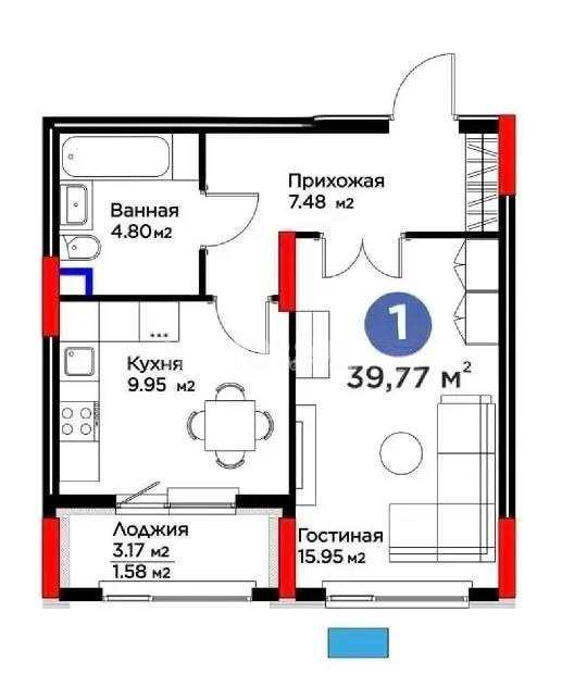 Продажа 1-комнатной квартиры, 39.77 м² в Астане