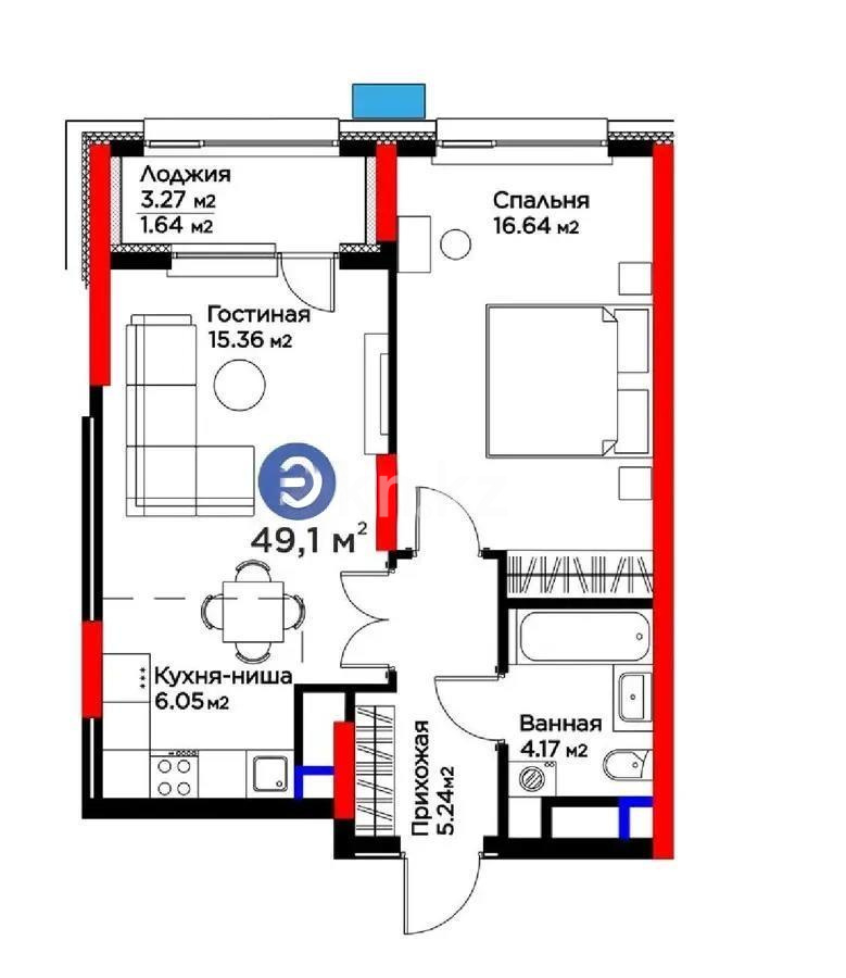 Продажа 2-комнатной квартиры, 49.1 м², пр. Туран, дом  57а в Астане