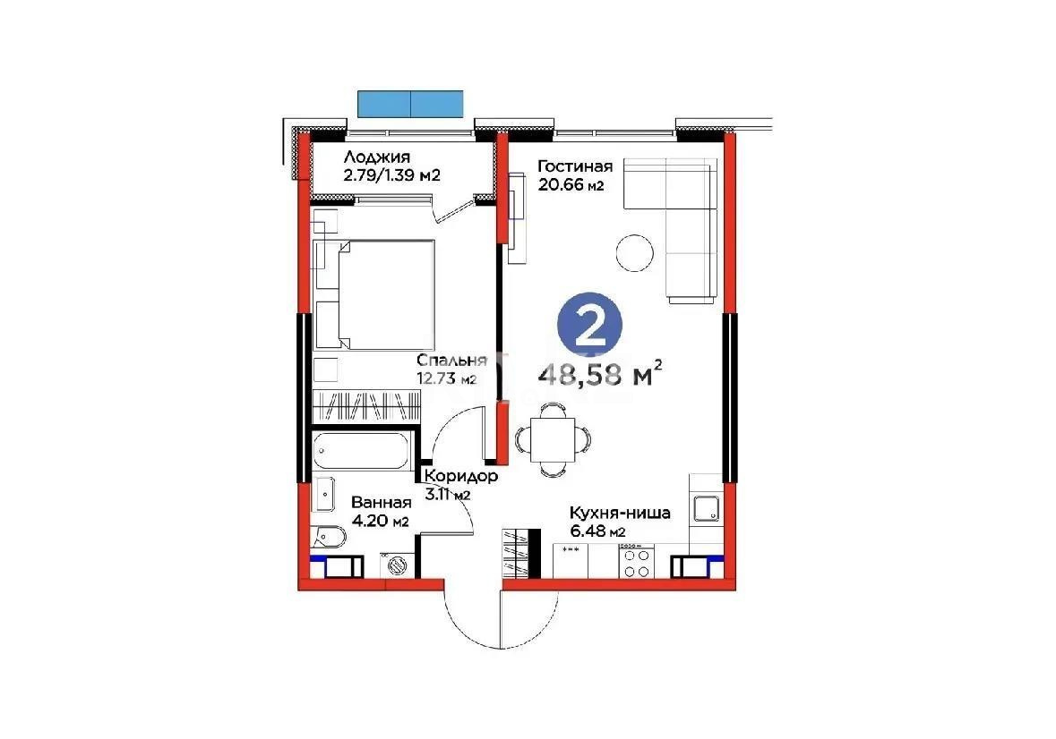 Продажа 2-комнатной квартиры, 48.58 м² в Алматы