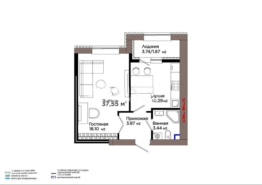 Продажа 1-комнатной квартиры, 37.55 м² в Астане