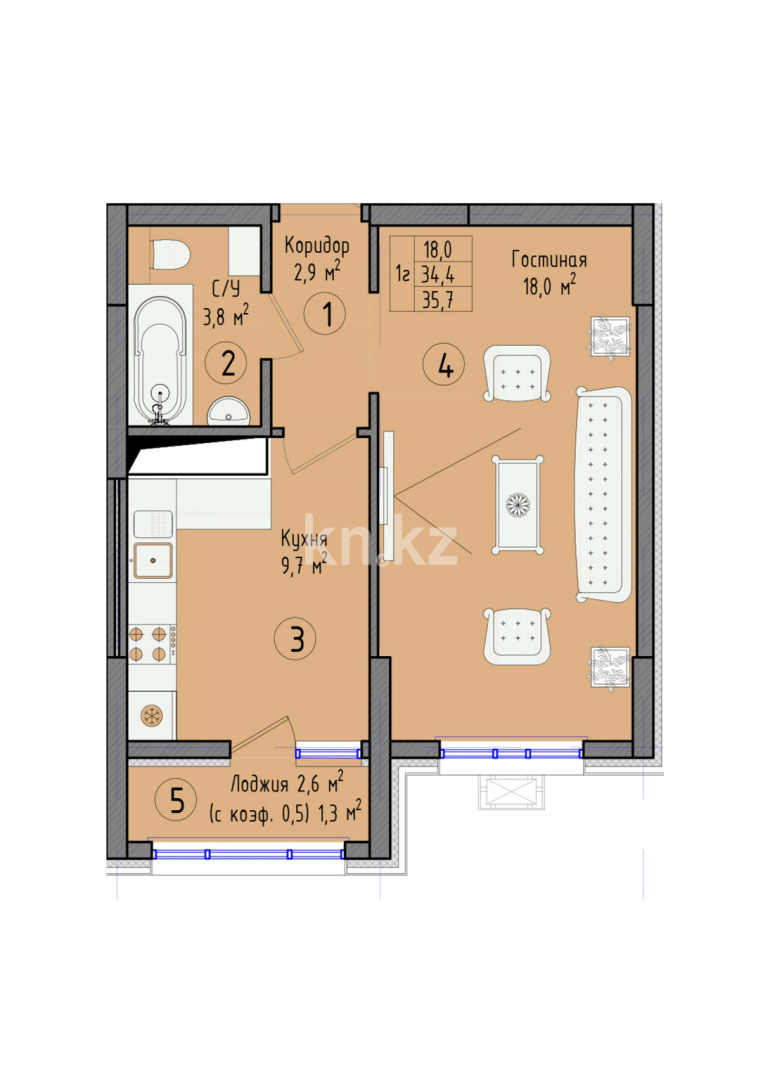 Продажа 1-комнатной квартиры, 35.7 м² в Астане - фото 2