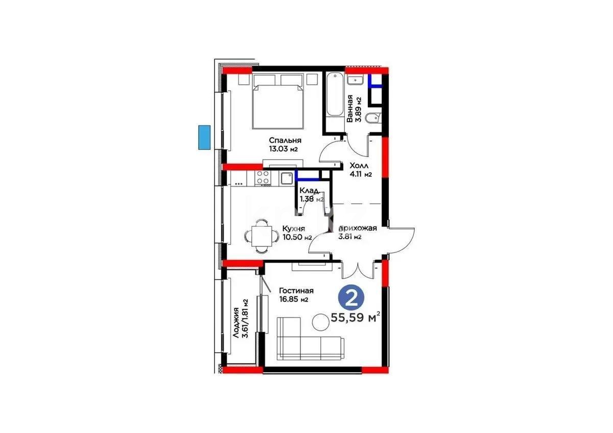 Продажа 2-комнатной квартиры, 55.59 м² в Астане